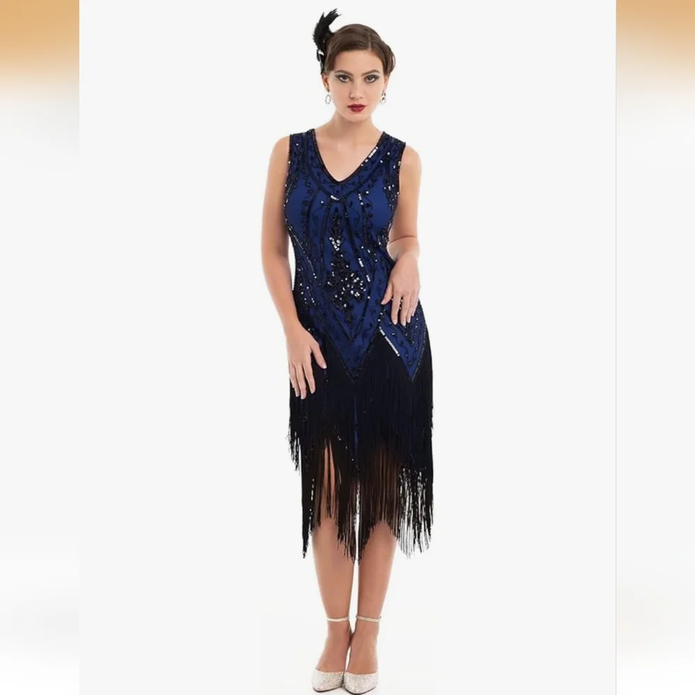 NWT Women's Roaring 1920's Midnight Blue And Black Flapper Dress Size--XL - Picture 8 of 8